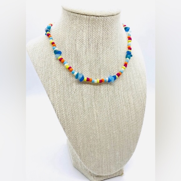 Rainbow/Blue Chip Beaded Choker Necklace Boho-chic Coastal Beach Classic Preppy - Picture 2 of 6